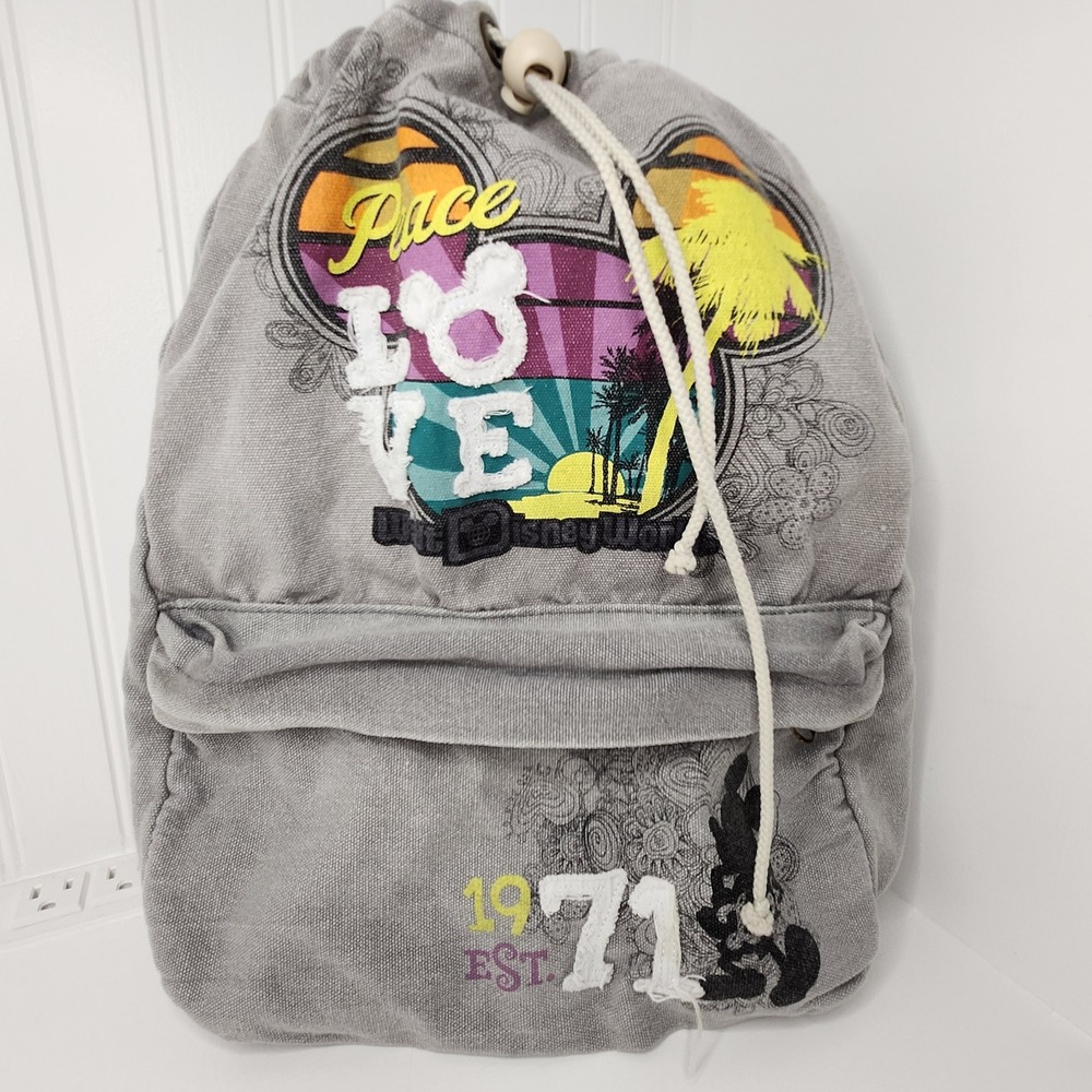 Disney Parks Backpack Unisex Gray Canvas Peace Love Mickey Mouse 1971 Retro Bag